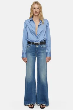 CLOSED Overhemden En Blouses>Katoenen Satijnen Blouse Blauwe Horizon